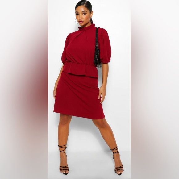 54. PLUS PEPLUM PUFF SLEEVE HIGH NECK SKATER DRESS in Black NWT size 18 - Picture 1 of 8